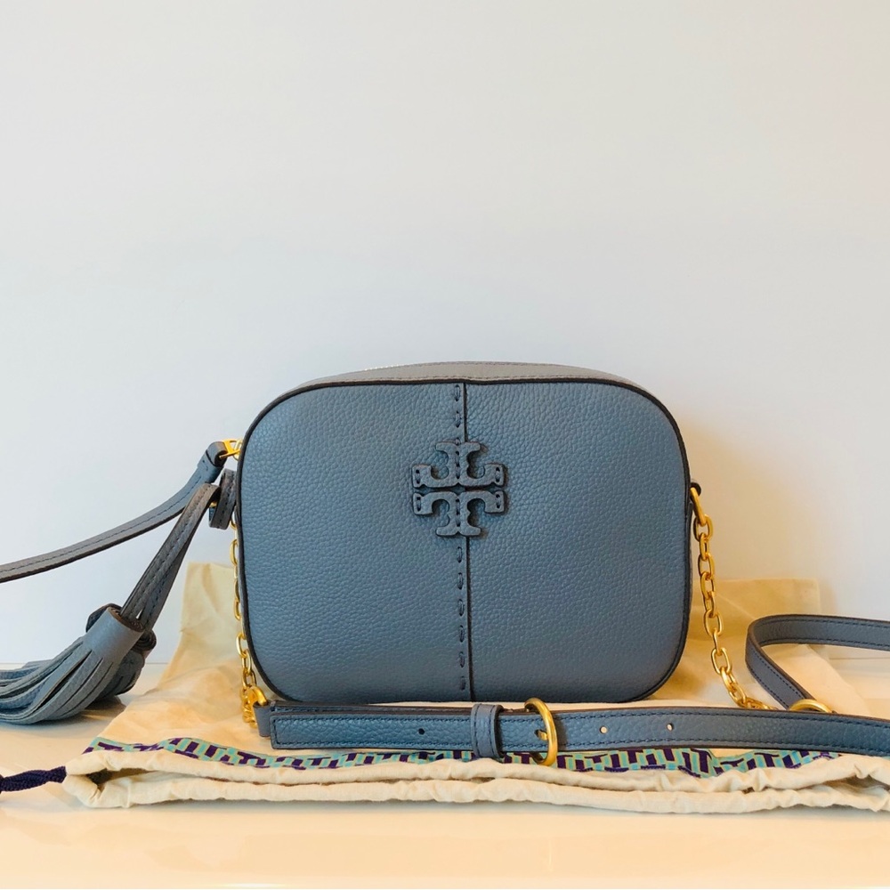 NWT TORY BURCH MCGRAW LEATHER CROSSBODY CAMERA BAG - Brunnera Blue